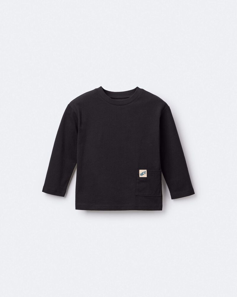 Toddler 'Hey' Long-Sleeve Pocket Tee - Black, image 2 of 6 slides