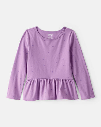 Girls Heart Print Long-Sleeve Peplum Top - Purple, 