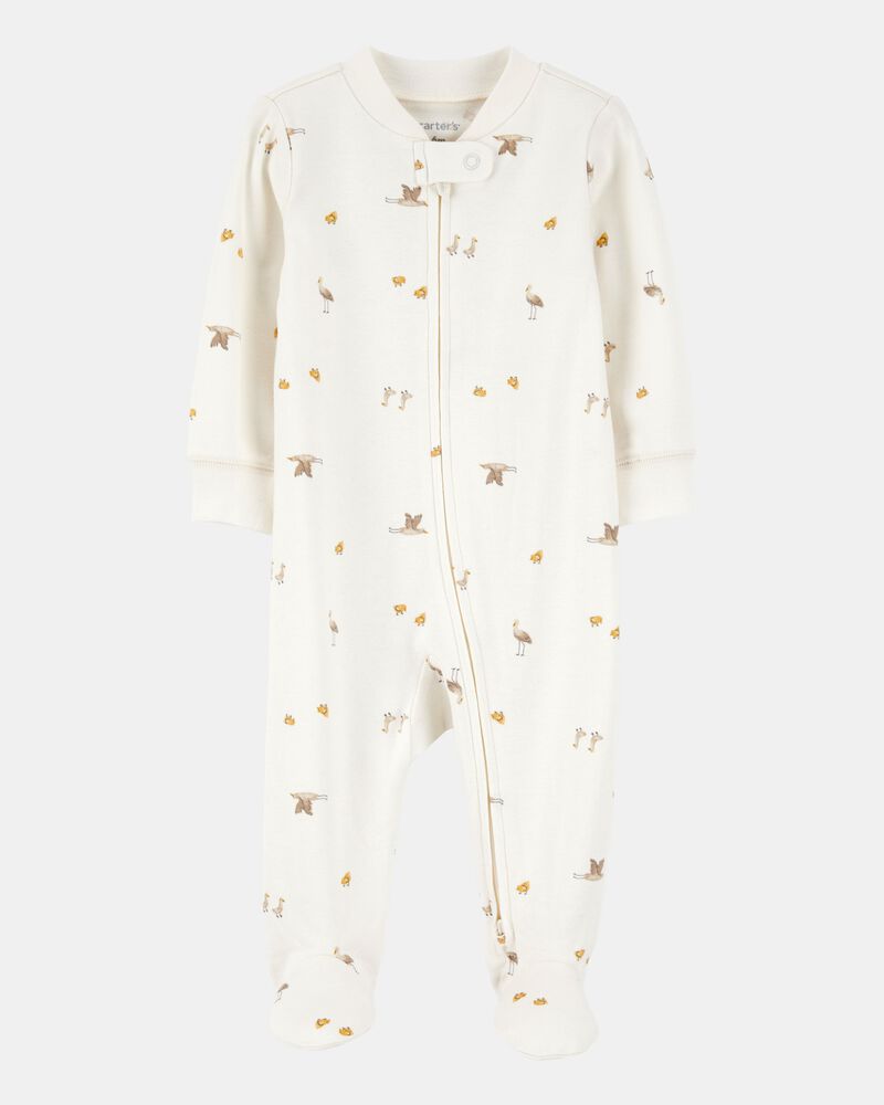 Baby Mini Bird Print 2-Way Zip Cotton Sleep & Play Pajamas, image 1 of 3 slides
