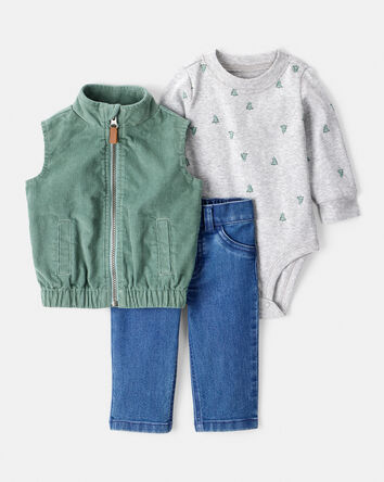 Baby Boy 3-Piece Corduroy Vest, Bodysuit & Pant Set - Green, 