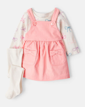 Baby Girl 3-Piece Bow Heart Print Long-Sleeve Dress Set - Ivory/Pink, 