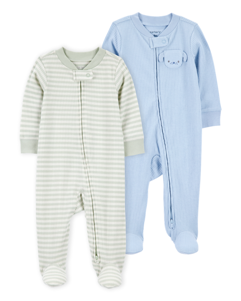 Baby 2-Pack  Ribbed 2-Way Zip Sleep & Play Pajamas - Blue/Green, image 1 of 8 slides