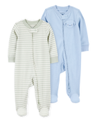 Baby 2-Pack  Ribbed 2-Way Zip Sleep & Play Pajamas - Blue/Green, image 1 of 8 slides