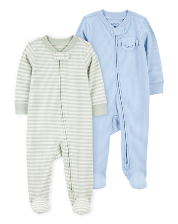 Baby 2-Pack  Ribbed 2-Way Zip Sleep & Play Pajamas - Blue/Green, 