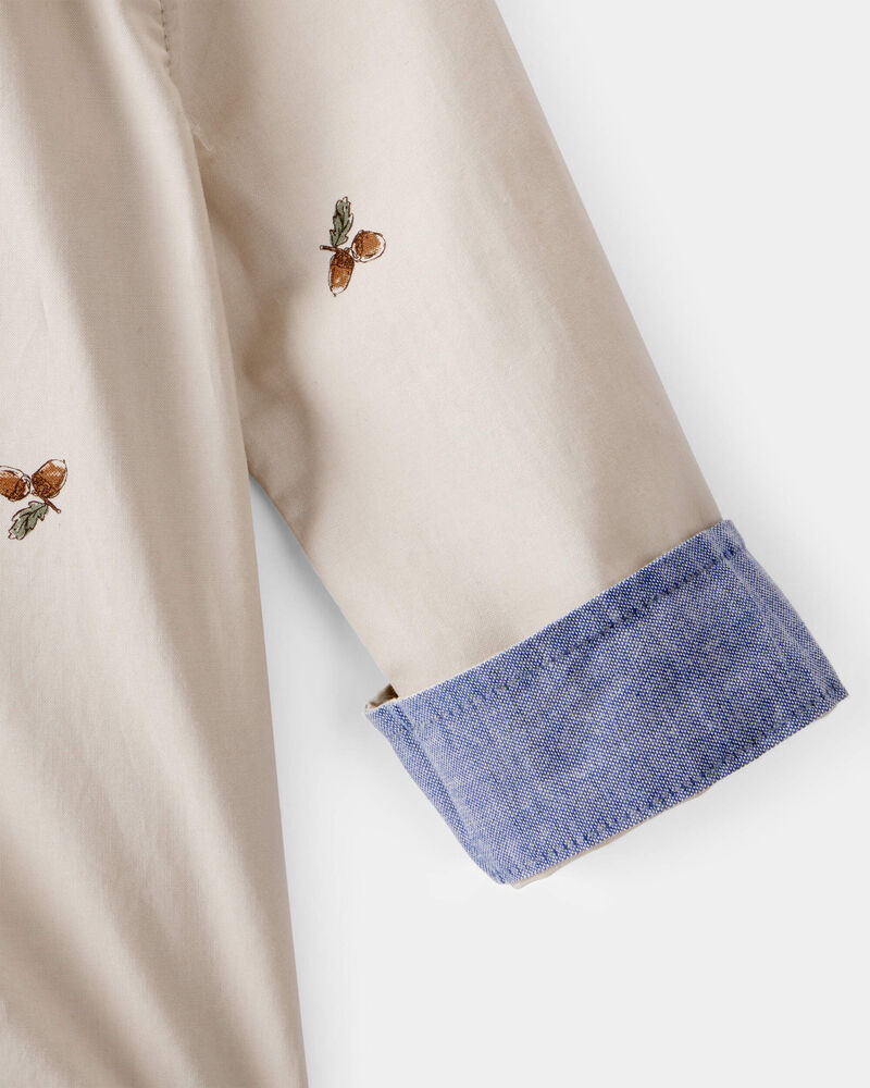 Baby Boy Poplin Acorn Print Long-Sleeve Bodysuit - Khaki, image 2 of 4 slides