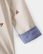 Baby Boy Poplin Acorn Print Long-Sleeve Bodysuit - Khaki, image 2 of 4 slides