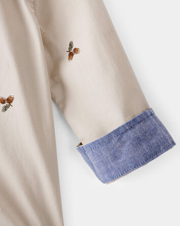 Baby Boy Poplin Acorn Print Long-Sleeve Bodysuit - Khaki, 