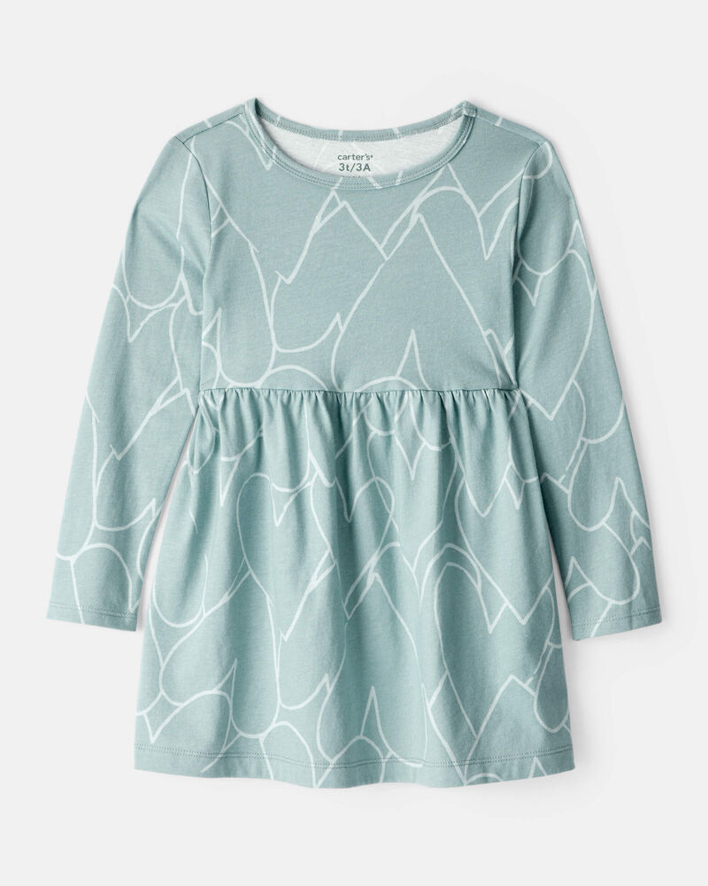 Toddler Girl Heart Print Long Sleeve Cotton Dress - Green, image 1 of 4 slides