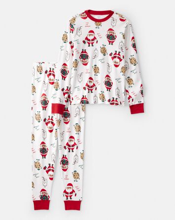 Adult Brown Santa Milk & Cookies 100% Cotton Long-Sleeve Snug Fit 2-Piece Pajamas - White, 