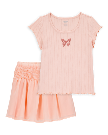Kid 2-Piece Butterfly Pointelle Tee & Chiffon Skirt Set - Pink, 