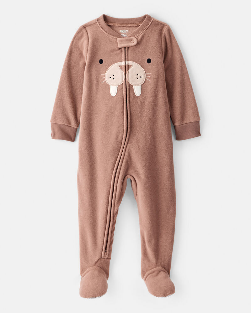 Baby Boy Walrus Loose Fit 2-Way Zip 1-Piece Pajamas - Brown, image 1 of 5 slides