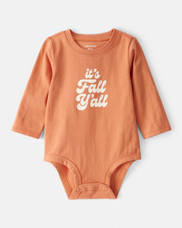 Baby Its Fall Y'all Cotton Long-Sleeve Graphic Bodysuit - Orange, 