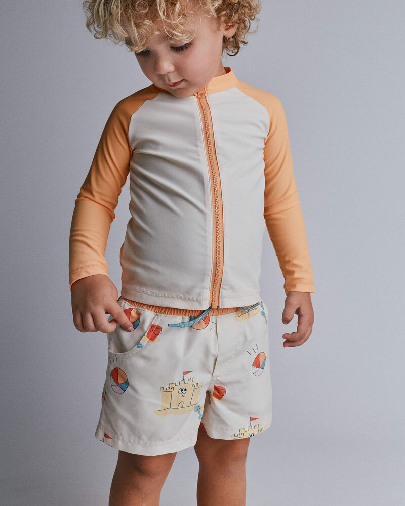 Toddler Boy Swim Trunks in Sandcastle Print - Cream, image 1 of 6 slides