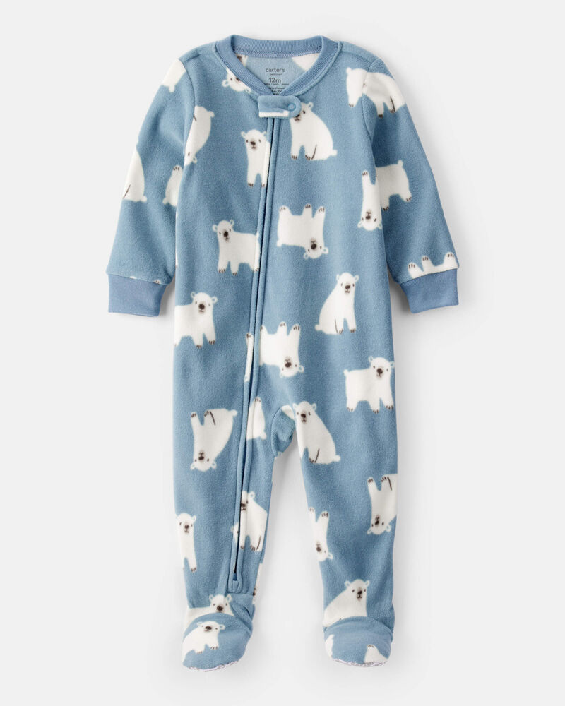 Baby Boy Polar Bear Print Loose Fit Long-Sleeve 2-Way Zip 1-Piece Pajamas - Blue, image 1 of 4 slides