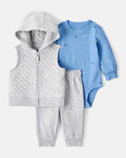 Baby Boy 3-Piece Helicopter Print Long-Sleeve Vest, Bodysuit & Pant Set - Grey, image 1 of 3 slides