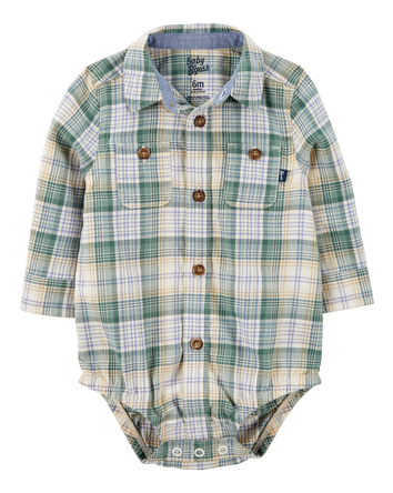 Baby Plaid Long-Sleeve Button-Down Bodysuit , 