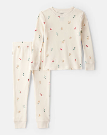 Toddler Mini Christmas Cotton Long-Sleeve Snug Fit 2-Piece Pajamas - White, 