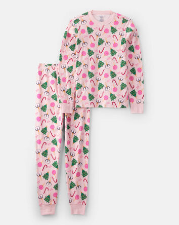 Adult Pink Ornaments 100% Cotton Long-Sleeve Snug Fit 2-Piece Pajamas - Pink, 