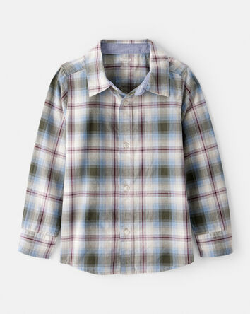 Boys Plaid Cotton Long-Sleeve Button-Down Shirt - Blue, 