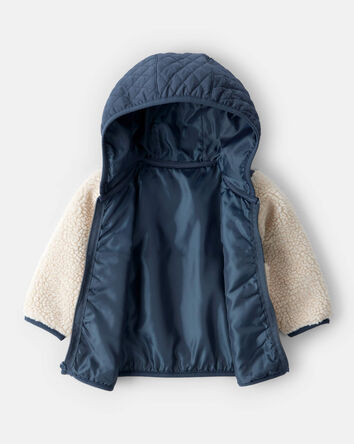 Baby Boy Color Block Hooded Sherpa Zip-Up Jacket - Khaki/Navy, 