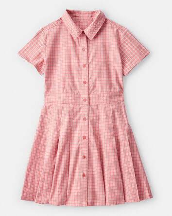 Kid Plaid Button-Down Short-Sleeve Shirt Dress - Pink, 