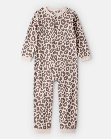 Girls Leopard Fleece Long-Sleeve Snug Fit 1-Piece Pajamas - Brown, 