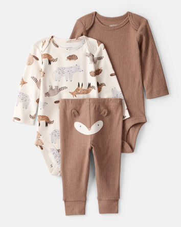 Baby Boy 3-Piece Fox Print Long-Sleeve Bodysuits & Pant Set - White/Brown, 