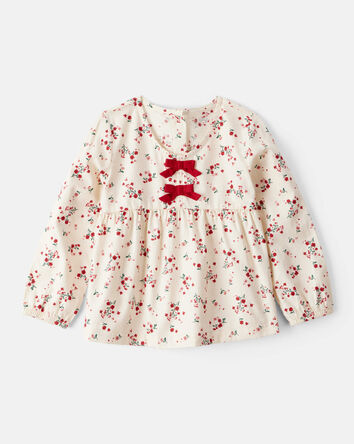 Toddler Girl Floral Print 100% Cotton Long-Sleeve Top - Ivory, 