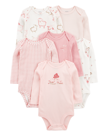Baby 6-Pack Farm Animals Long-Sleeve Bodysuits, 