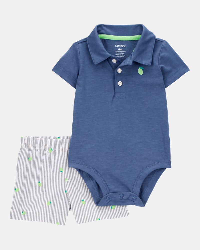 Baby Boy 2-Piece Polo Bodysuit & Striped Short Set - Navy, image 1 of 3 slides