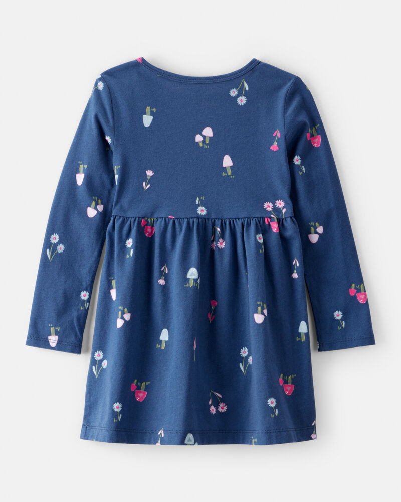 Toddler Girl Mushroom Print Long-Sleeve Cotton Dress - Blue, image 2 of 4 slides