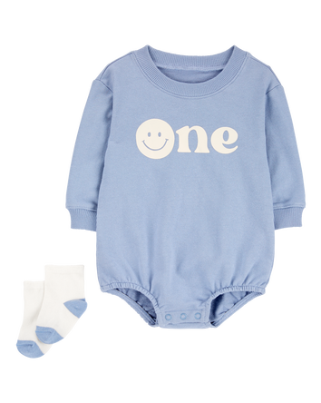 Baby Boy 2-Piece Birthday Bubble & Socks Set - Blue/White, 