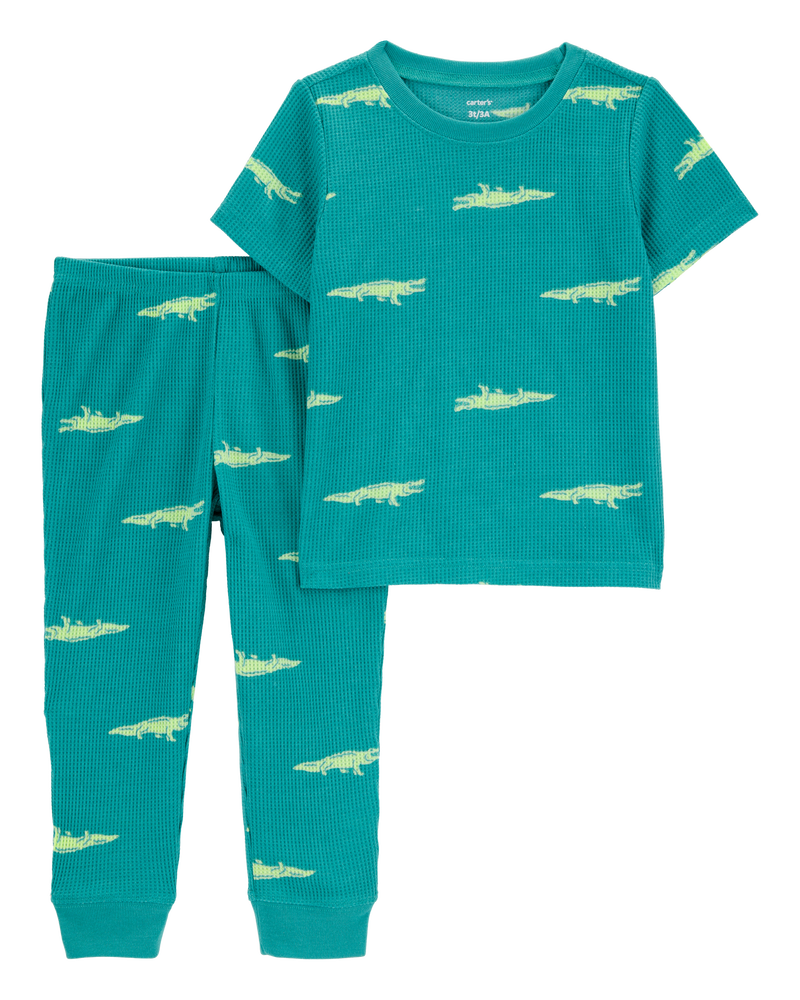 Toddler Boy Alligator Print Loose Fit Waffle Knit 2-Piece Pajamas - Green, image 1 of 3 slides