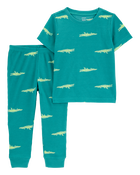 Toddler Boy Alligator Print Loose Fit Waffle Knit 2-Piece Pajamas - Green, image 1 of 3 slides