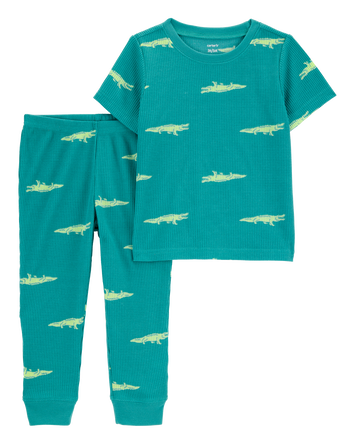 Toddler Boy Alligator Print Loose Fit Waffle Knit 2-Piece Pajamas - Green, 