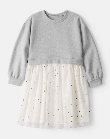 Girls Metallic Star Long-Sleeve Tulle Dress - Grey, 