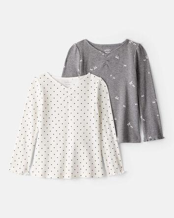 Toddler Girl 2-Pack Bow Print Cotton Long-Sleeve Tops - Grey/White, 