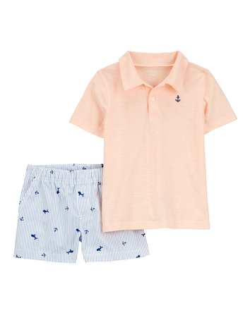 Toddler Boy 2-Piece Anchor Polo Outfit Set - Orange/Blue, 