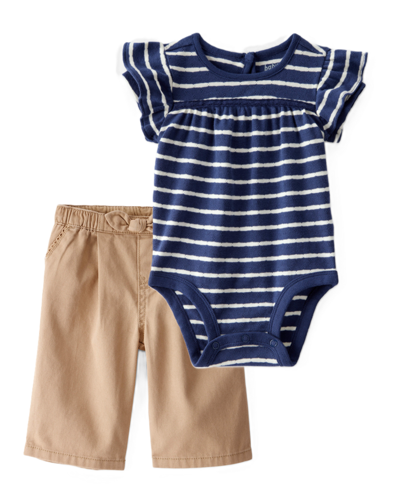 Baby Girl 2-Piece Striped Bodysuit & Twill Bow-Tie Shorts Set - Multi, image 1 of 6 slides