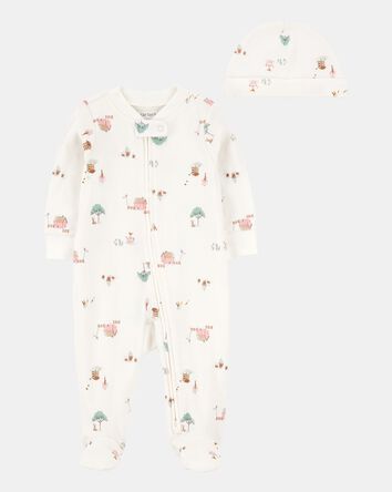 Baby 2-Piece Barn Print 2-Way Zip Sleep & Play & Headwrap Set - Ivory, 
