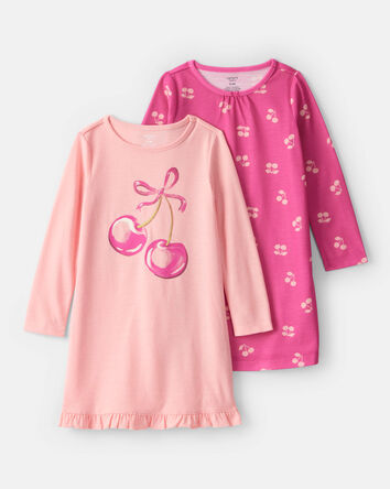 Girls Cherry Print Long-Sleeve Loose Fit Night Gowns - Pink, 