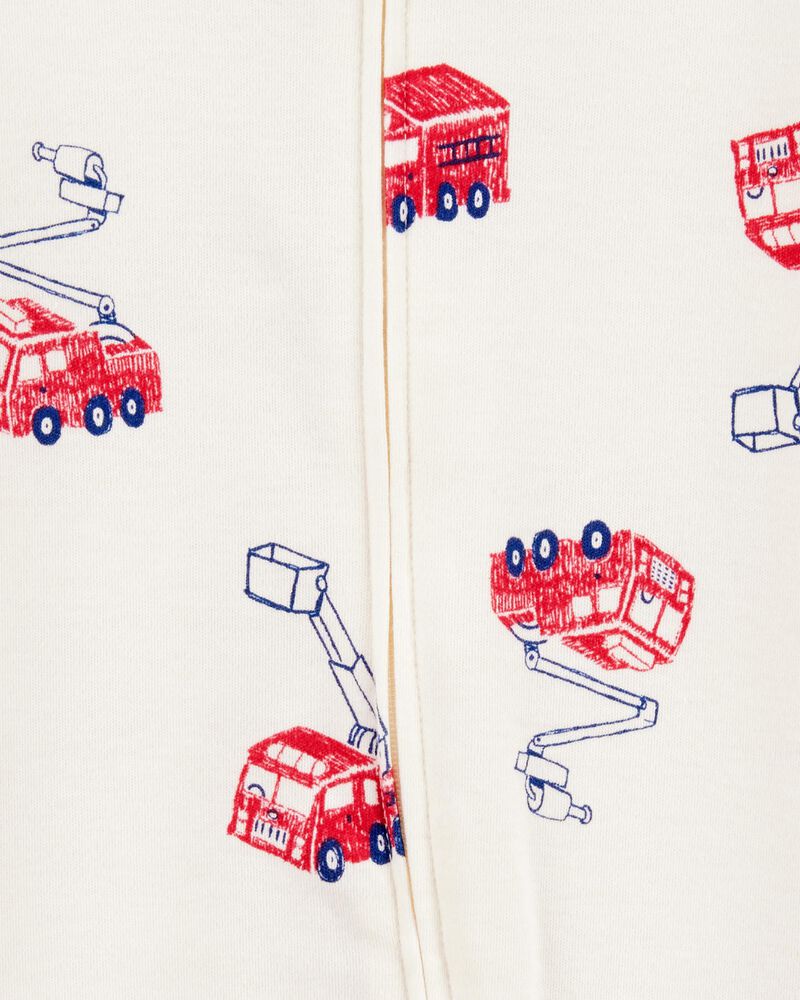 Baby Boy Fire Truck Print 2-Way Zip Cotton Sleep & Play Pajamas - Cream, image 2 of 3 slides