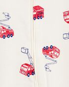 Baby Boy Fire Truck Print 2-Way Zip Cotton Sleep & Play Pajamas - Cream, image 2 of 3 slides