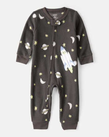 Baby Boy Spaceship Star Print Fleece Long-Sleeve Loose Fit 1-Piece Pajamas - Grey, 