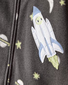 Baby Boy Spaceship Star Print Fleece Loose Fit 1-Piece Pajamas - Grey, image 2 of 4 slides