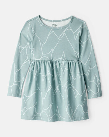 Toddler Girl Heart Print Long Sleeve Cotton Dress - Green, 