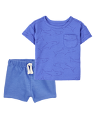 Baby 2-Piece Shark Pocket Tee & Pull-On Slub Jersey Shorts Set - Blue, image 1 of 6 slides