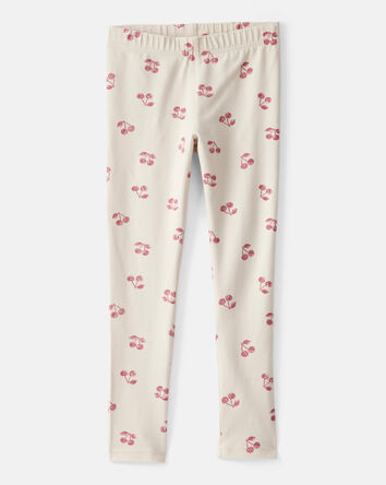 Girls Cherry Print Cotton Pull-On Stretch Leggings - Ivory, 