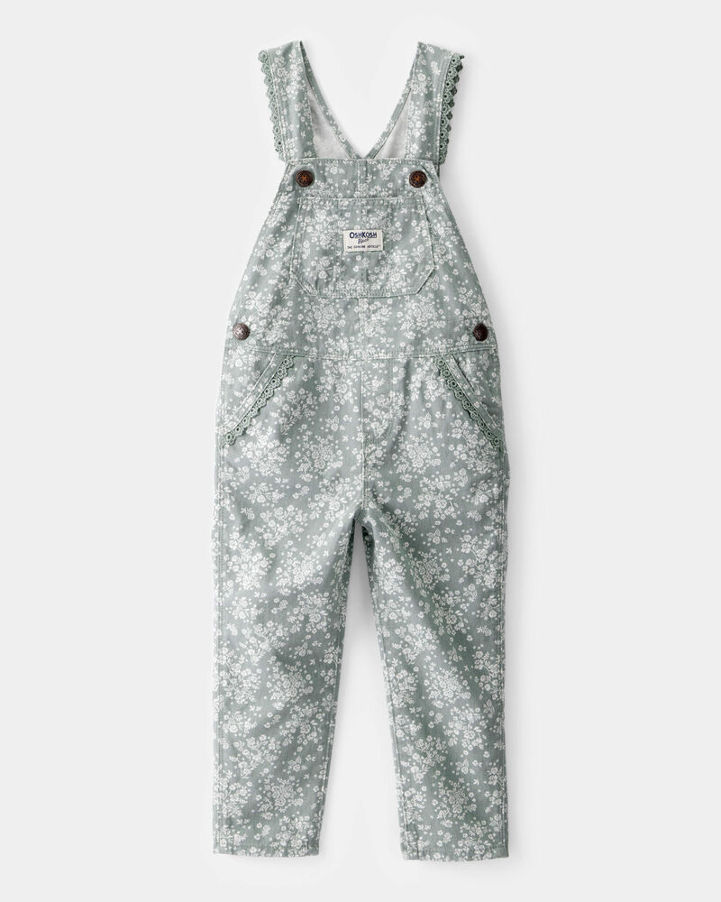 Toddler Girl Lightweight Floral Print Canvas Overalls - Green, image 1 of 4 slides
