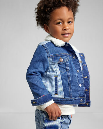 Toddler Hickory Stripe Denim Jacket with Teddy Fleece Collar - Blue, 